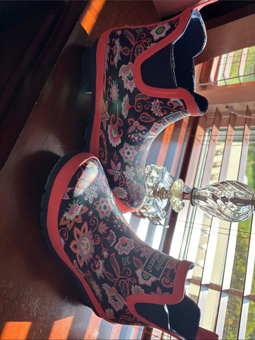 Simply Southern Black Floral Rain Boots with Coral Trim - Picture 4 of 4